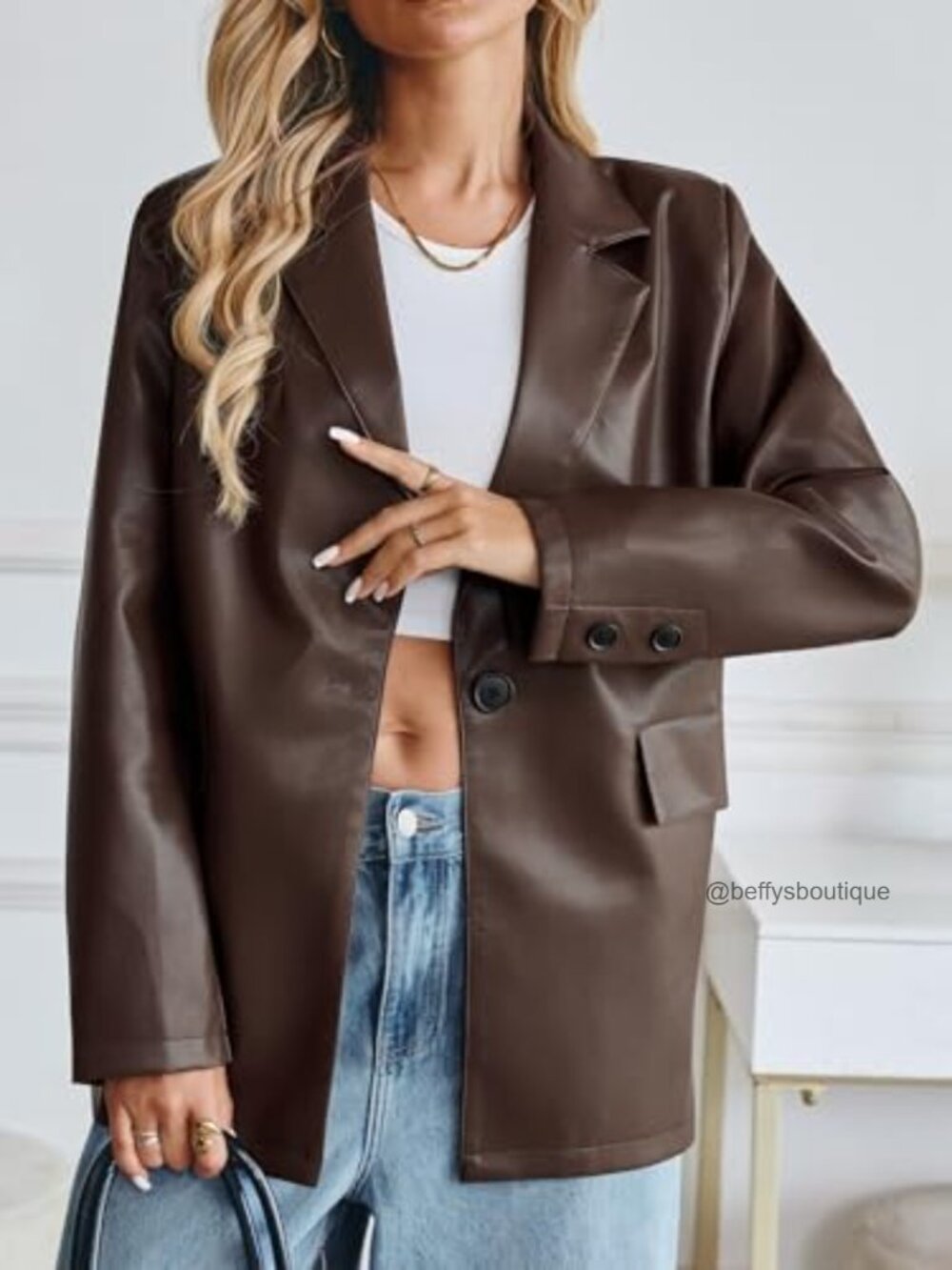Oversized Faux Leather Bomber Blazer Jacket Button Down Lapel Coat - Picture 3 of 7